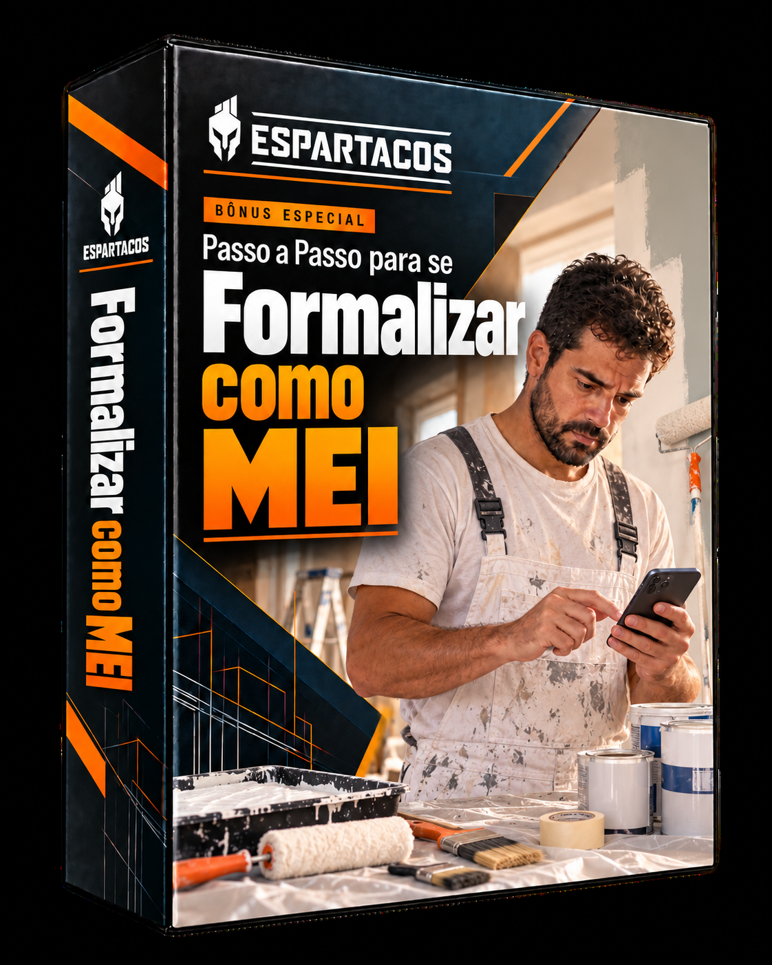 Mockup do bônus de formalização com pintor trabalhando com rolo, tintas e ferramentas
