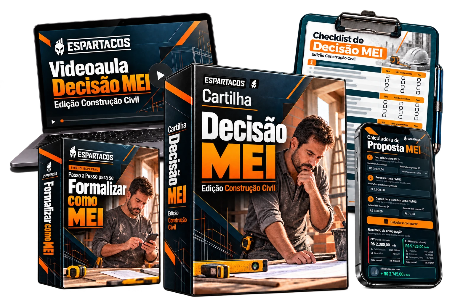 Conjunto da Cartilha Decisão MEI com Calculadora de Proposta MEI, checklist, videoaula e bônus de formalização
