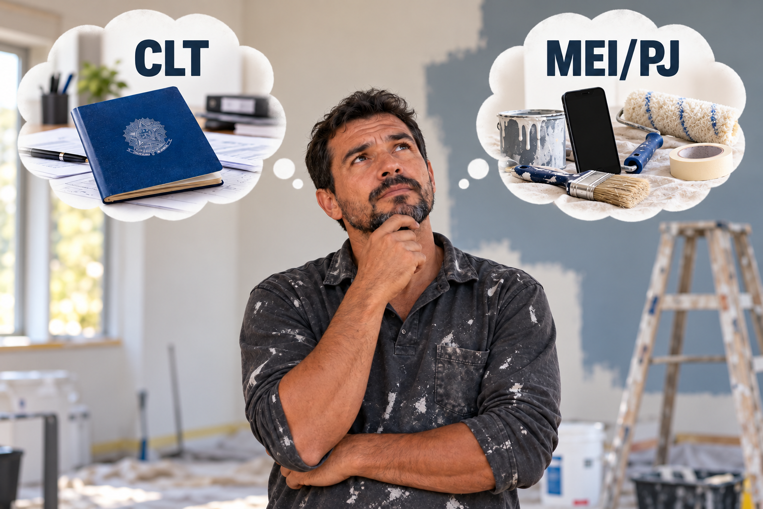 Pintor comparando as opções de trabalho CLT e MEI/PJ antes de tomar uma decisão