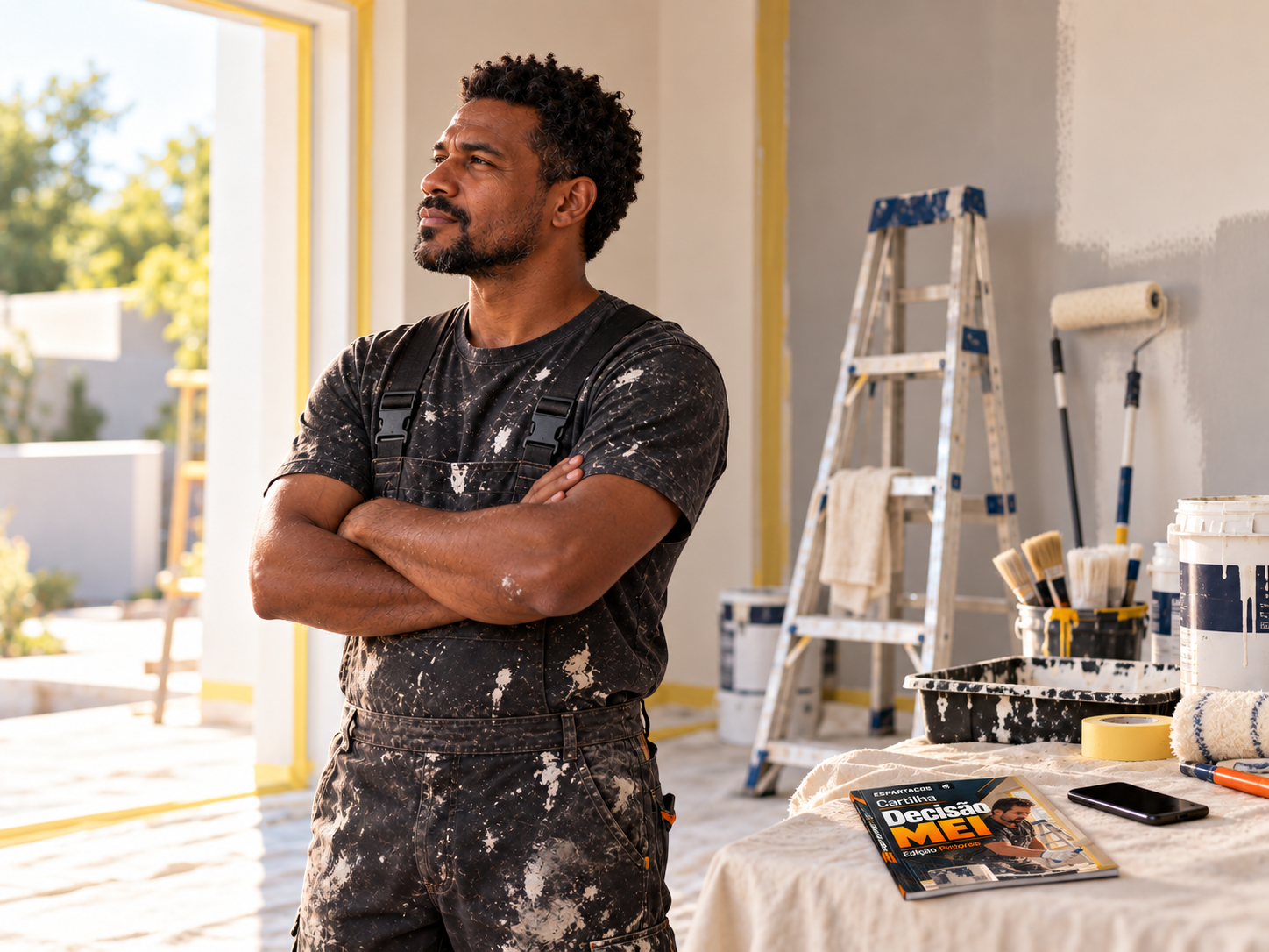 Pintor pensando sobre sua próxima decisão em uma obra