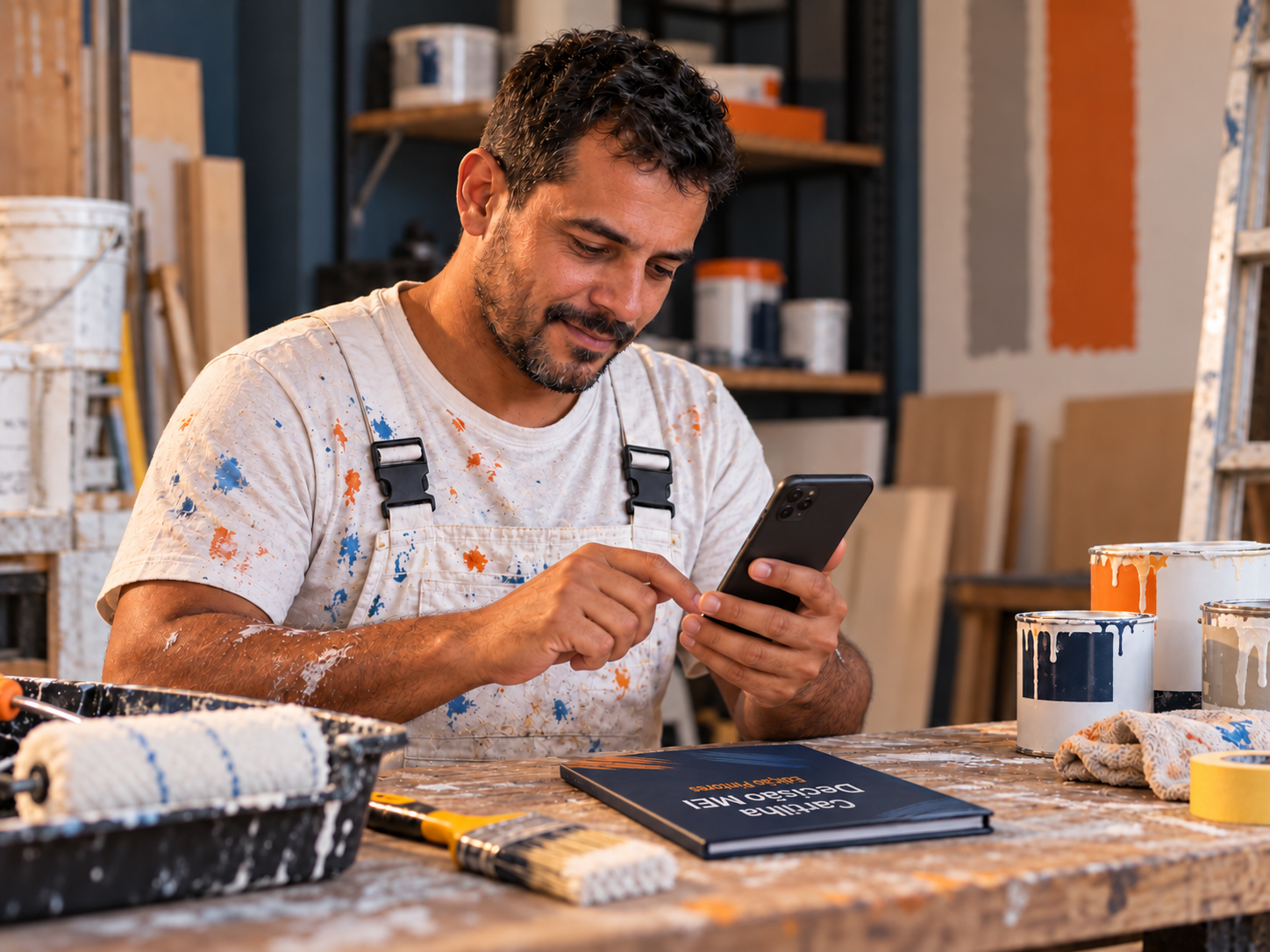 Pintor usando o celular e organizando os cálculos ao lado de ferramentas de pintura