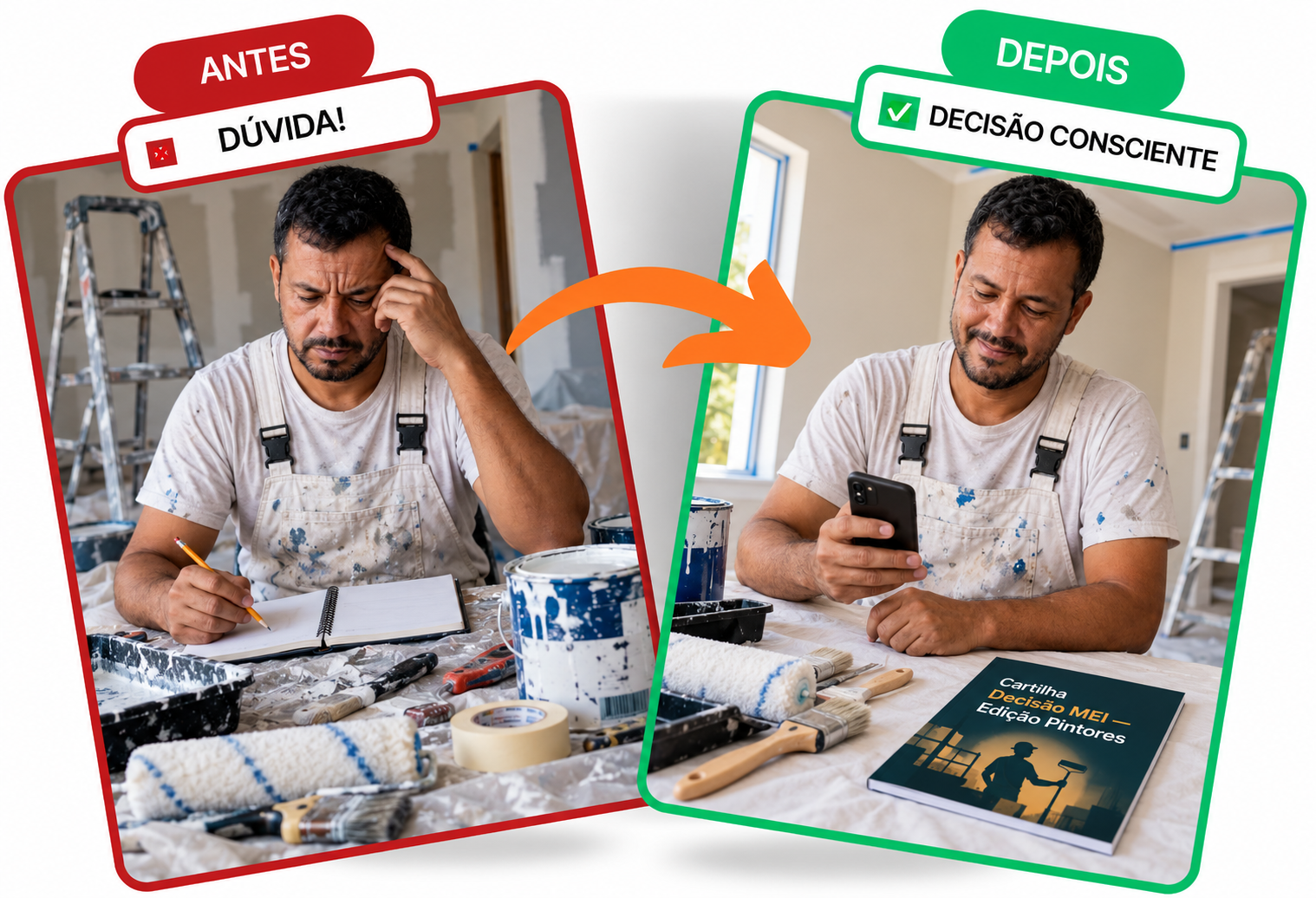Antes: dúvida. Depois: decisão consciente. Pintor avaliando a Cartilha Decisão MEI — Edição Pintores.