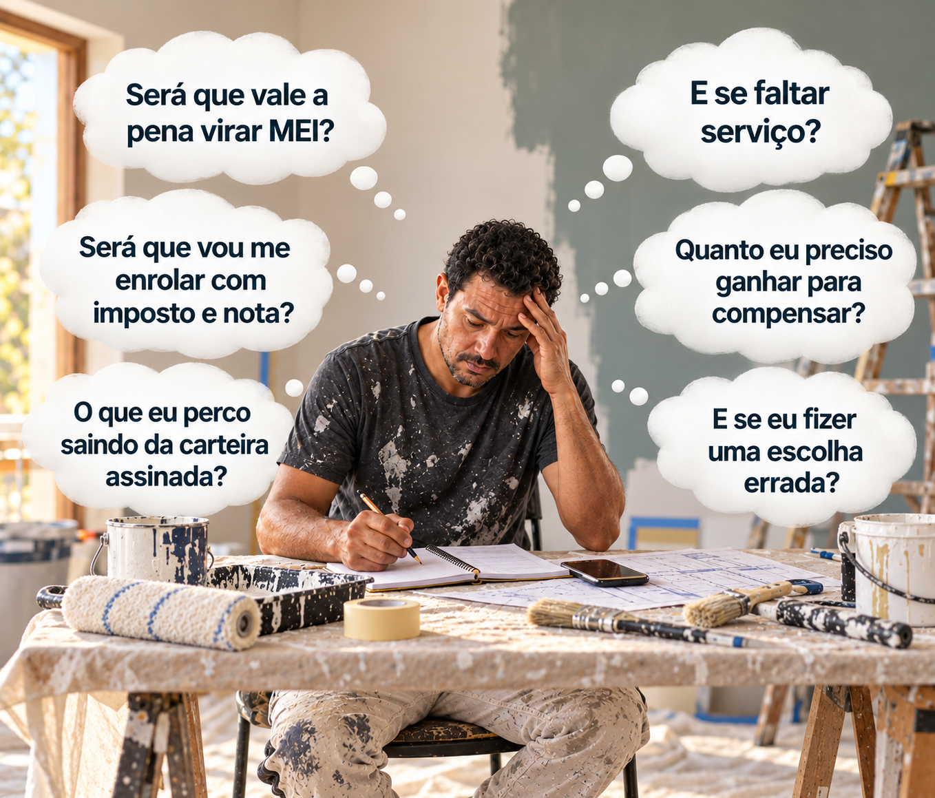 Pintor preocupado com dúvidas sobre formalização, impostos, renda e decisões ao trabalhar por conta própria.